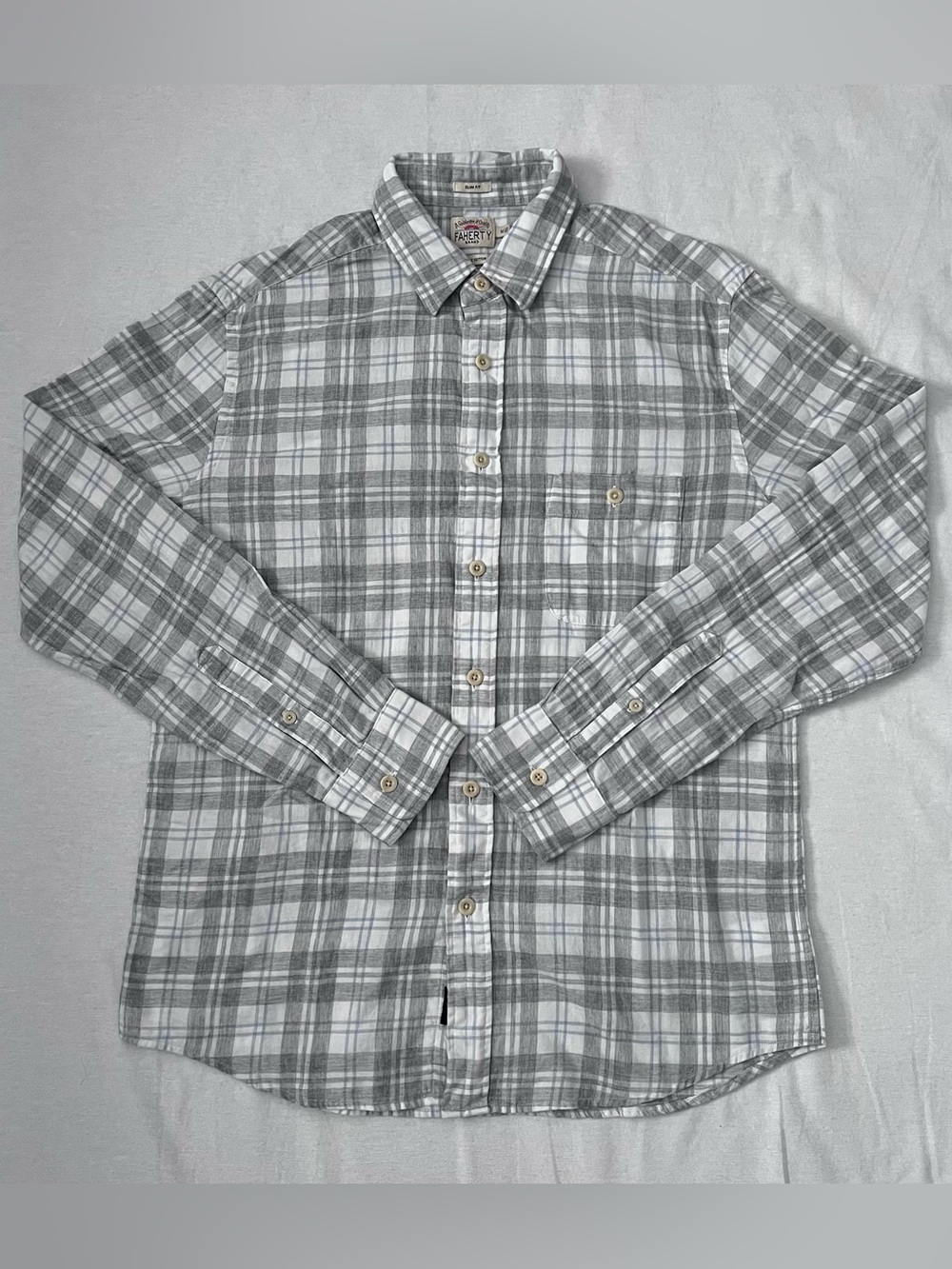 Faherty Grey Plaid Slim Fit Long Sleeve Button Up Shirt Men’s M Organic Cotton